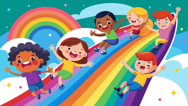 a group of multicultural kids sliding on  the rainb 