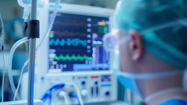 The anesthesiologist carefully monitors the patients oxygen levels and vital signs using an anesthesia machine equipped with advanced monitoring technology.