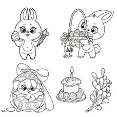Set of Easter bunnies, eggs and Easter cake and a little chicken sits nearby outlined for coloring