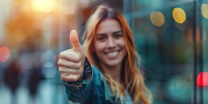 Achieving Success: Blurred Image of a Woman Giving Thumbs Up Sign. Concept Success, Thumbs Up, Achievement, Woman, Blurred Image