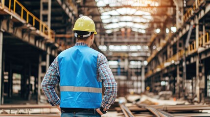 Rear view of a worker in a hard hat at an industrial plant, concept of manual labor and manufacturing.
