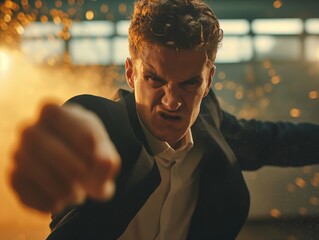 A man in a suit with an angry expression throwing a punch towards the camera in a dynamic, blurred background.