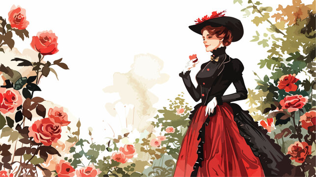 Victorian lady in a rose garden watercolor flat vector