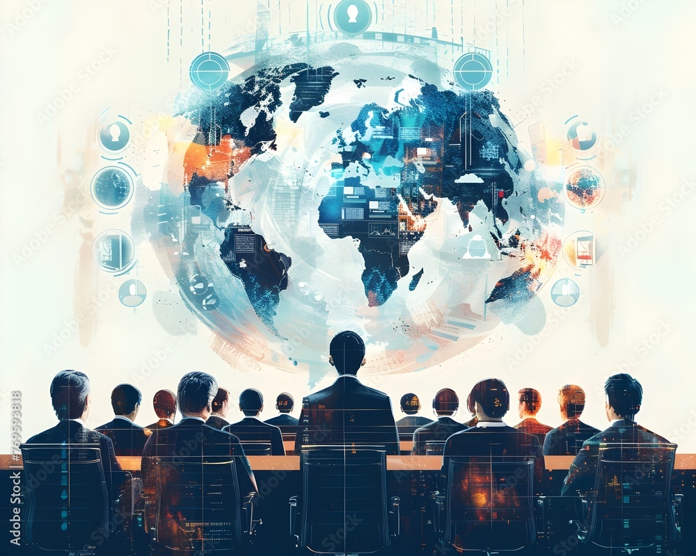 Aufkleber global business teams connected through digital video conference with interactive world map display