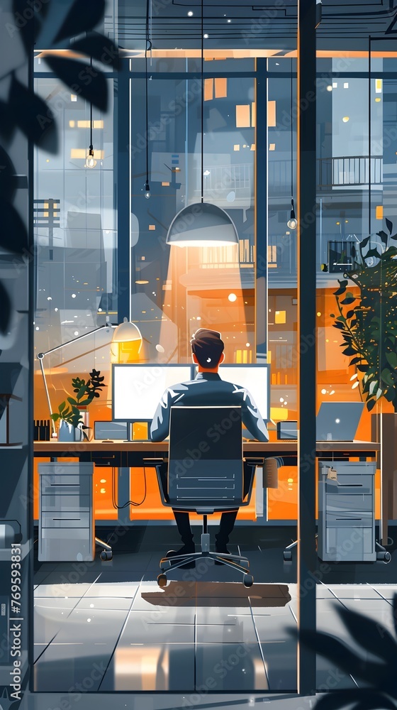 Poster tech startup hustle late night coding and coffee in a modern open space office