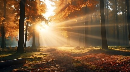 sun rays in the forest. autumn 