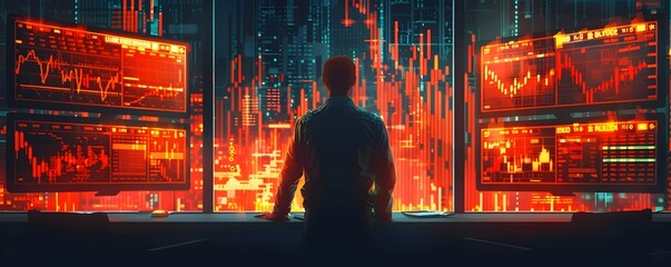 Intense Financial Market Analysis Session with Screens Ablaze with Real Time Data Showcasing the Stress and Thrill of Trading in the Digital Age