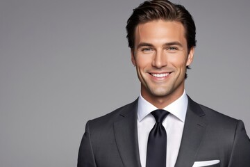 Portrait beautiful model business man in suit with white teeth smile on grey background. Generative AI