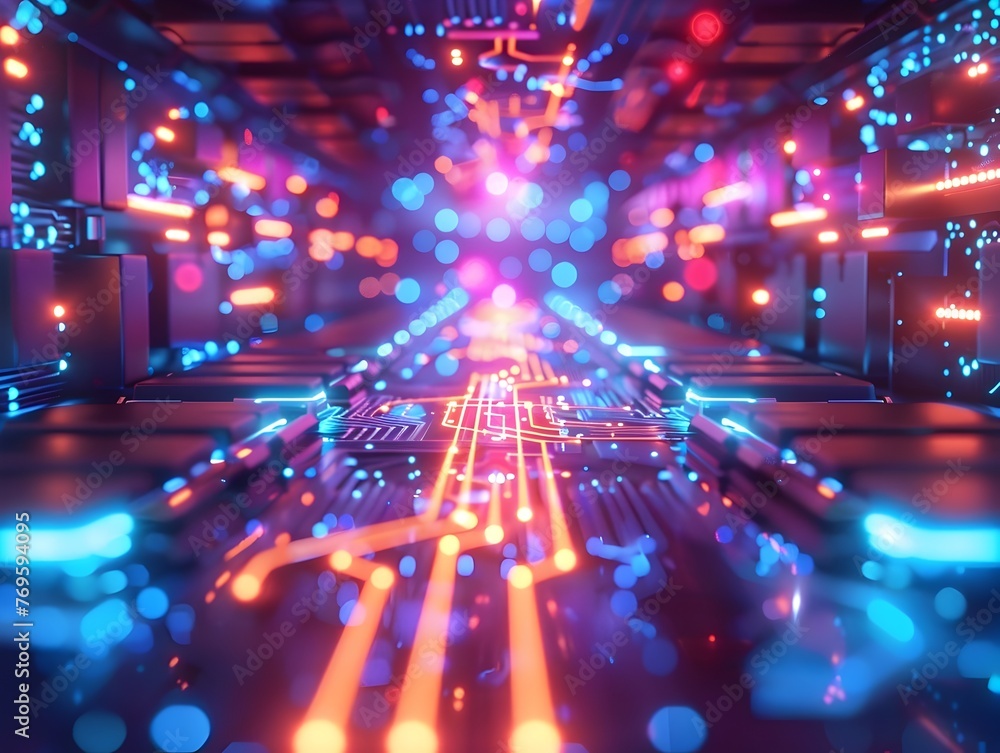 Poster quantum computing concept with qubits and neon lights showcasing next level computational power and 