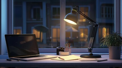 A sleek laptop placed on a study table illuminated by a stylish lamp, creating a cozy and...