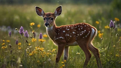 Foto op Canvas Young whitetail fawn in the meadow with daisies © ASGraphics