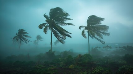 Coconut palm trees being blown by strong winds in a tropical storm under an overcast sky. - obrazy, fototapety, plakaty