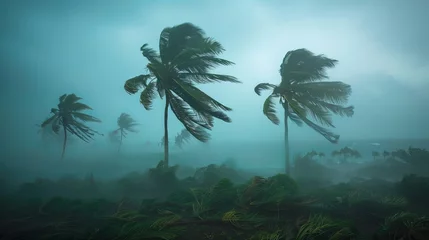 Foto op Canvas Coconut palm trees being blown by strong winds in a tropical storm under an overcast sky. © STOCKAI