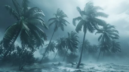 Fototapeten Coconut palm trees being blown by strong winds in a tropical storm under an overcast sky. © STOCKAI