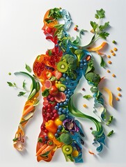 Craft a visually striking die-cut image from an aerial perspective, symbolizing the journey of various nutrients through the body Incorporate elements 
