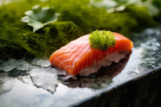 Hearty sashimi on a marble slab against a green plant leaves background