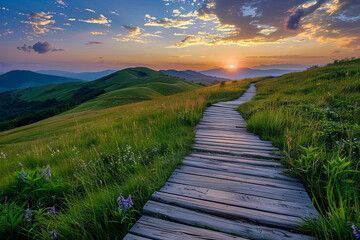 A wooden path through beautiful green hills during sunset