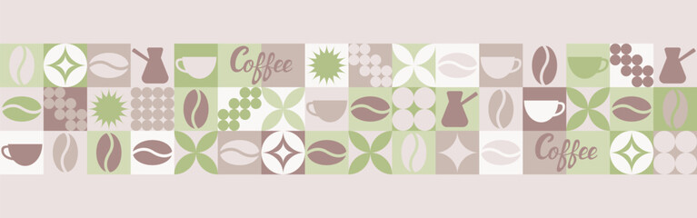 Coffee seamless background for textile and wallpaper with geometric shapes and coffee beans. Fashionable splash template with a cup in brown and green tones. - 769594845