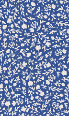 Hand drawn, vector flowers with leaves seamless repeat pattern. Vector botany aop, all over surface print on blue background.