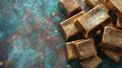 Gold chocolate bars on a textured turquoise background. - obrazy, fototapety, plakaty