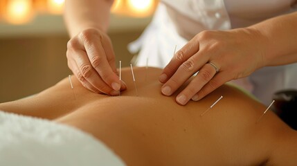 Acupuncture treatment focusing on back pain relief - obrazy, fototapety, plakaty
