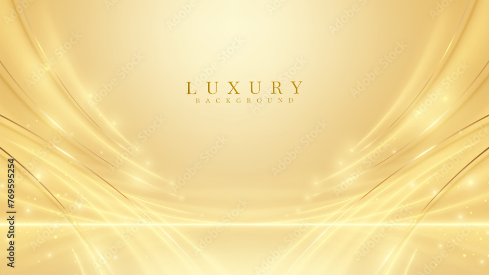 Wall mural elegant abstract background of golden swirls line with shimmering particles and bokeh decorations, w