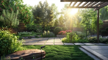 Garden With Grass, Rocks, and Wooden Bench - obrazy, fototapety, plakaty