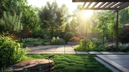 Foto op Plexiglas Garden With Grass, Rocks, and Wooden Bench © Prostock-studio