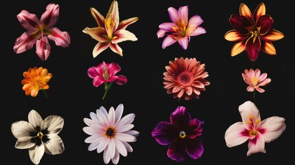 Flowers set collection. Isolated on black background Generative AI