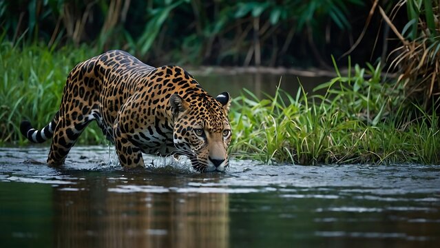 Jaguar (Panthera onca) drinking water from a river