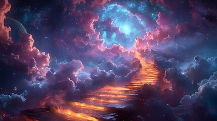 twisting stairs to the sky, to heaven with star and galaxy - obrazy, fototapety, plakaty