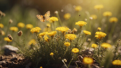 Cheerful buoyant spring summer shot of yellow Santolina flowers and butterflies in meadow in nature outdoors on bright sunny day. wide banner and copy space