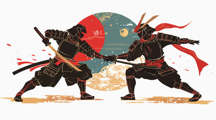 Combat between two fantasy samurai flat vector isolated