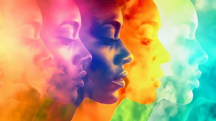 Vibrant Silhouette Sequence of Faces, Warm to Cool Gradient, Colorful Artistic Concept