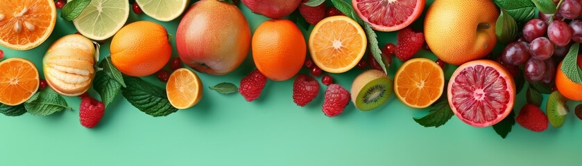 Assorted Citrus Fruits with Berries and Mint Leaves on Green Background

