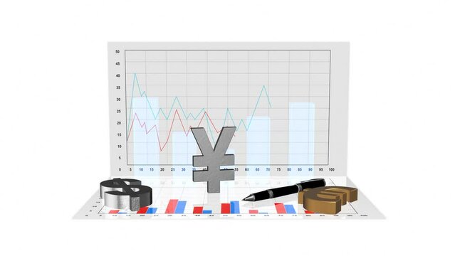 The concept of stock trading. 3D chart with icons of popular currencies, dollar, euro, yen