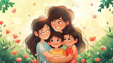 mother day cartoon image with cute kids and mom - Powered by Adobe