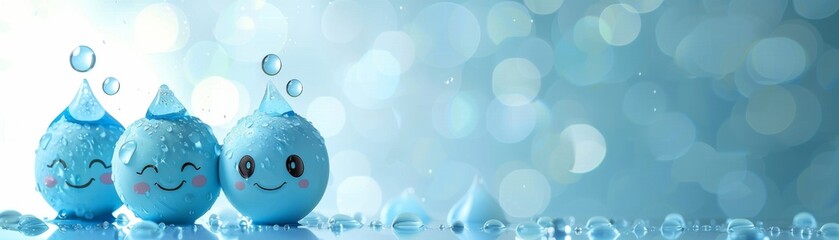 Animated Water Droplets with Faces on Blue Bokeh Background