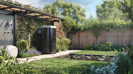 Naklejka premium Garden With Water Fountain and Toilet