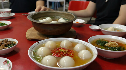 Eating big tangyuan yuanxiao with savory soup in Taiwan..generative.ai