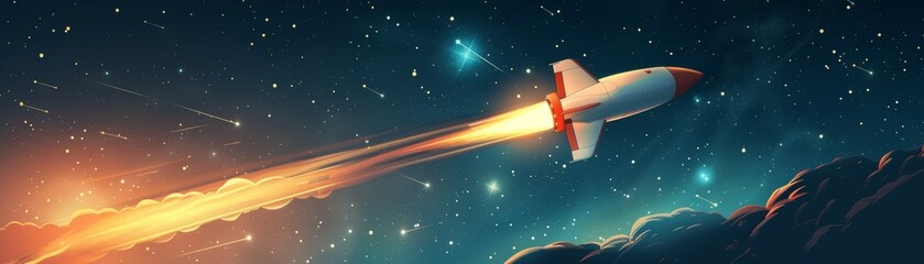 Retro Rocket Launch with Starry Sky Background