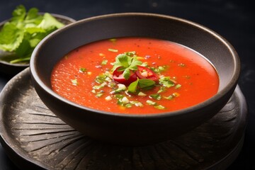 Delicious gazpacho on a slate plate against a bamboo background