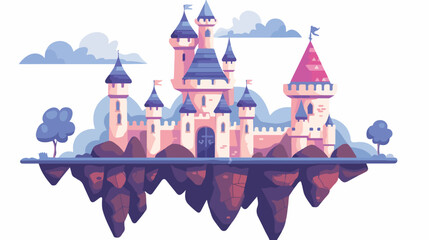 Fantasy fairytale flying rocks with castle. flat vector - obrazy, fototapety, plakaty