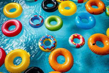 Top down view of a summer swimming pool full of inflatable pool floats