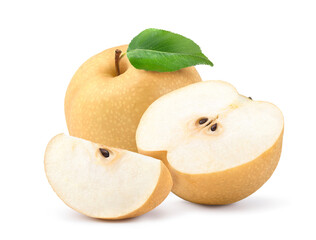 Asian pear with cut in half and sliced isolated on white background.