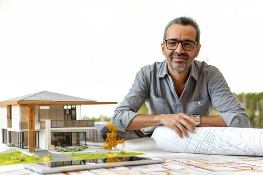 Architect man with Blueprint and 3D model of house