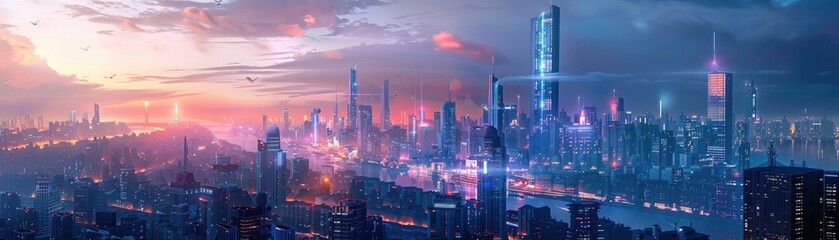 Glimmering City of Tomorrow: Stunning Futuristic Skyline with Enchanted Flying Cars in Hyper-Realistic Composition - obrazy, fototapety, plakaty