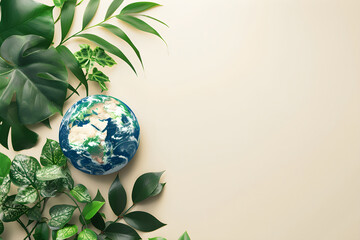 Frame of Earth globe with green plant on beige background. World environment, Earth day. Environment and conservation concept. Environmental problems and protection. Caring for nature and ecology
