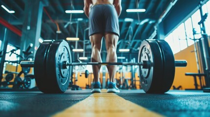 Athletic Man lifting Barbell At Modern Gym - Fitness, Strength Training, and Healthy Lifestyle Concept - obrazy, fototapety, plakaty