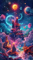 Obraz na płótnie Canvas Extraterrestrial Banquet: Cosmic Beings Indulge in a Glowing Feast Amidst a Surreal Landscape of Vibrant Colors